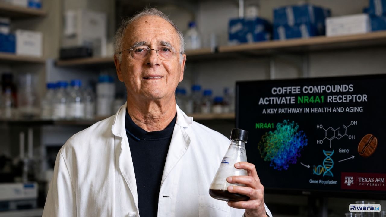 Stephen Safe menunjukkan sampel kopi dalam penelitian Texas AM University College of Veterinary Medicine and Biomedical Sciences yang menemukan senyawa kopi berpotensi melawan penuaan dan penyakit kronis